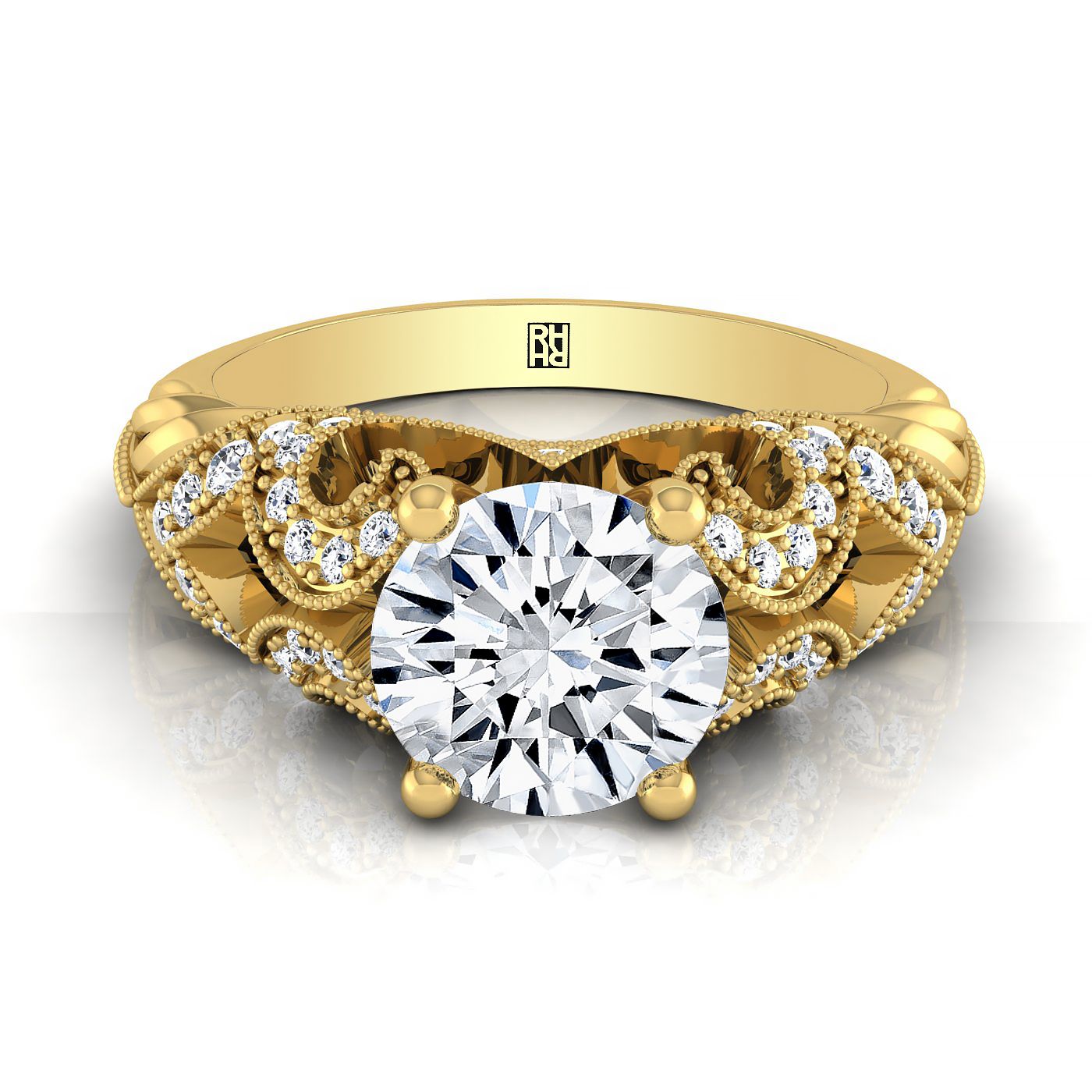 แหวนหมั้นเพชรทรงกลมเจียระไนแบบเปิดสวยงามพร้อมลูกปัดโบราณทองคำเหลือง 14K น้ำหนักเพชรรวม 1/3 กะรัต