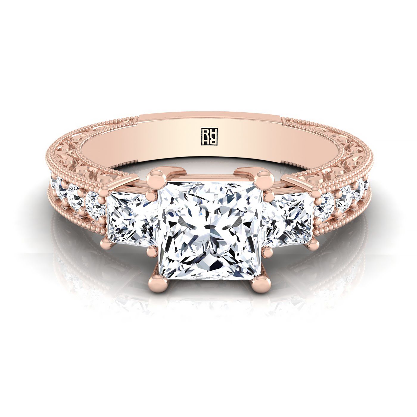 Princess, Vintage Hand-Engraved Three Stone, in 14K Rose Gold, prong setting – view 8 | RockHer