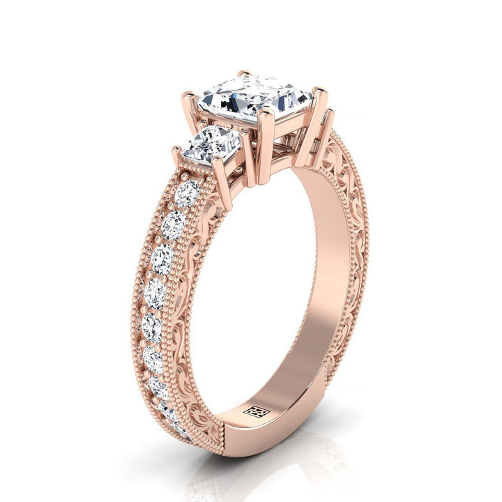Princess, Vintage Hand-Engraved Three Stone, in 14K Rose Gold, prong setting – view 9 | RockHer