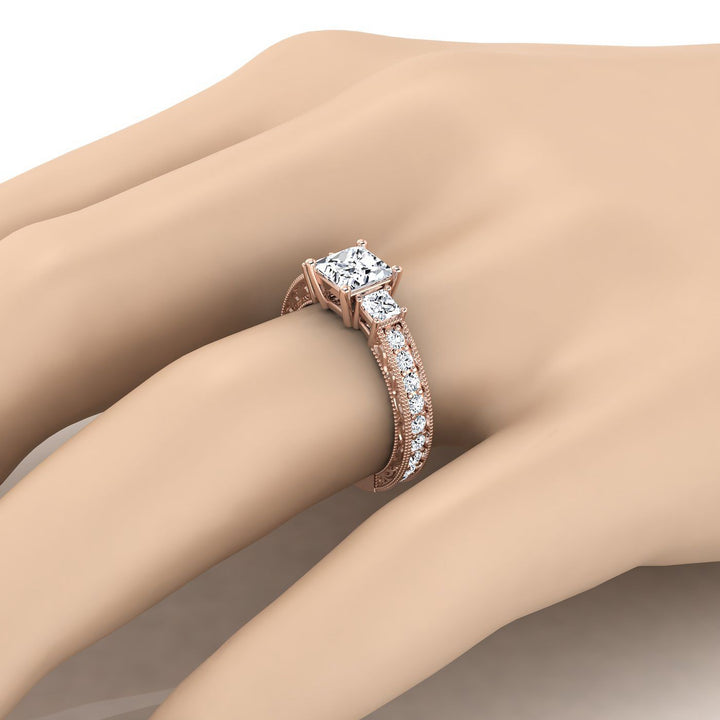 Princess, Vintage Hand-Engraved Three Stone, in 14K Rose Gold, prong setting – view 10 | RockHer
