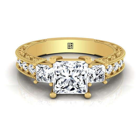 แหวนหมั้นช่องแบบวินเทจสามเม็ดสลักมือเพชรทรงเจ้าหญิง 14K ทองคำเหลือง - 3/4ctw