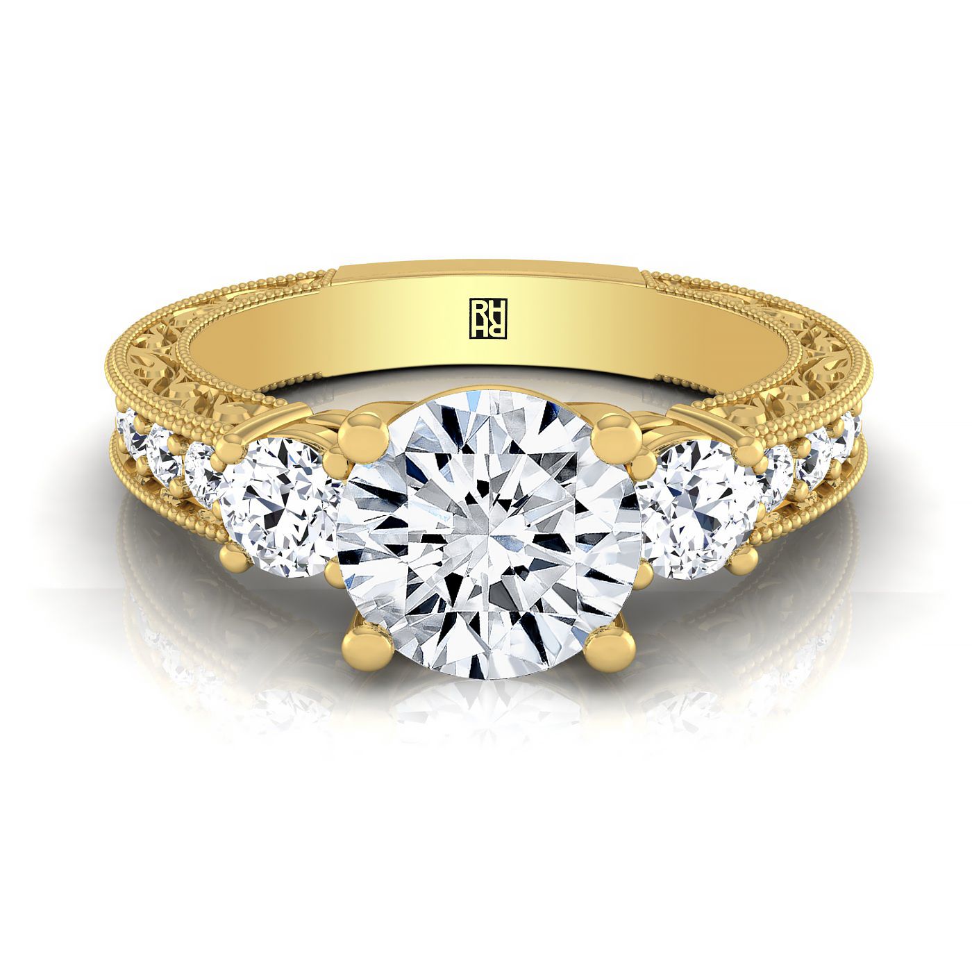 แหวนหมั้นช่องแบบวินเทจสามเม็ดสลักมือเพชรทรงกลมเจียระไนแบบ Brilliant ทองคำเหลือง 14K - 3/4ctw