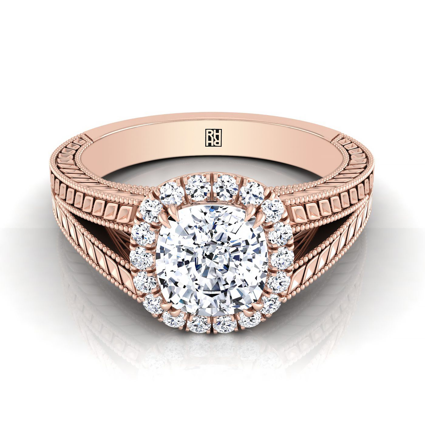Vintage Wheat Engraved Halo Cushion, in 14K Rose Gold, prong setting | RockHer