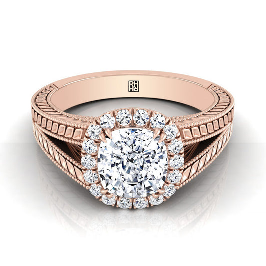 Vintage Wheat Engraved Halo Cushion, in 14K Rose Gold, prong setting | RockHer