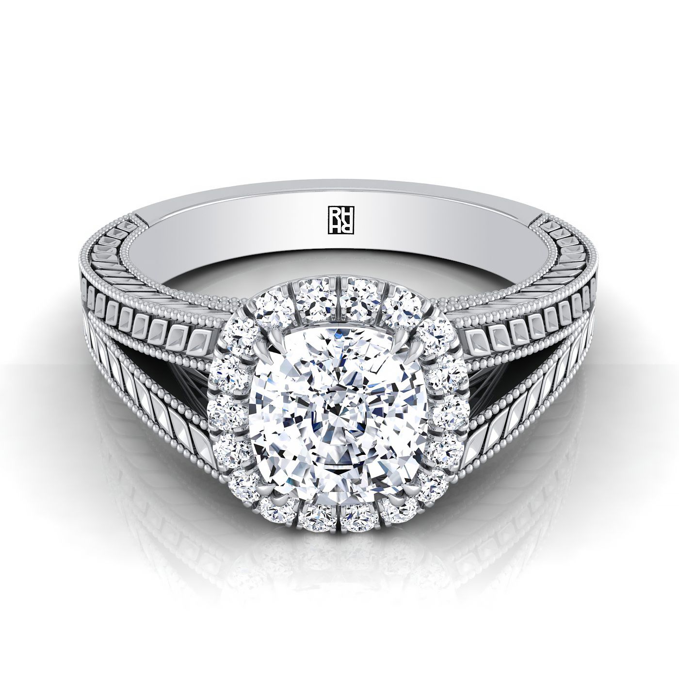 Vintage Wheat Engraved Halo Cushion, in 18K White Gold | RockHer