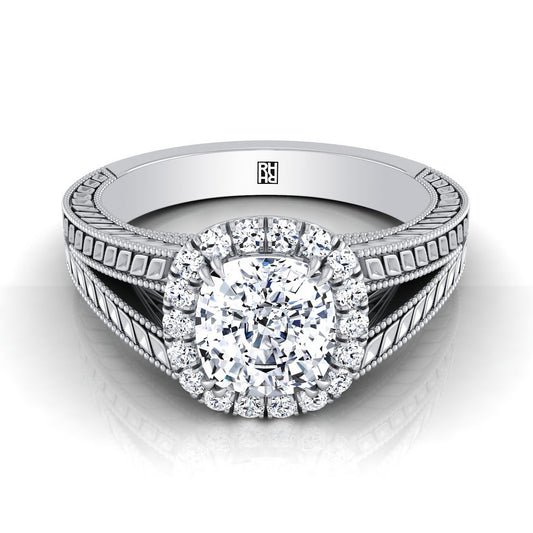 Vintage Wheat Engraved Halo Cushion, in 18K White Gold | RockHer