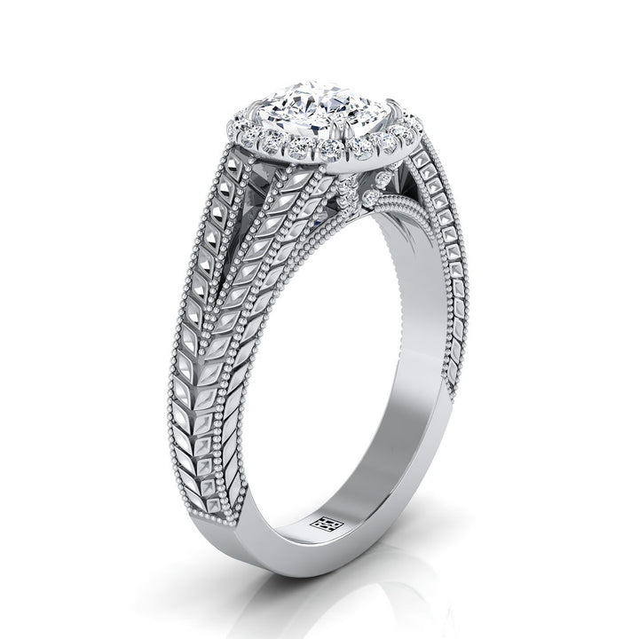 Vintage Wheat Engraved Halo Cushion, in Platinum, prong setting – side profile | RockHer
