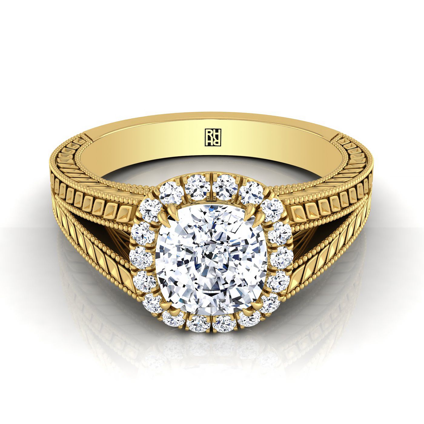Vintage Wheat Engraved Halo Cushion, in 18K Yellow Gold | RockHer