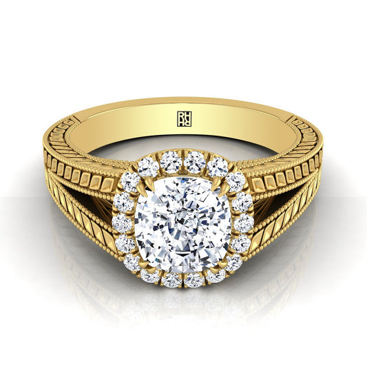 Vintage Wheat Engraved Halo Cushion, in 18K Yellow Gold | RockHer