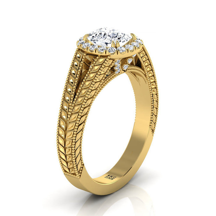 Vintage Wheat Engraved Halo Cushion, in 18K Yellow Gold – side profile | RockHer