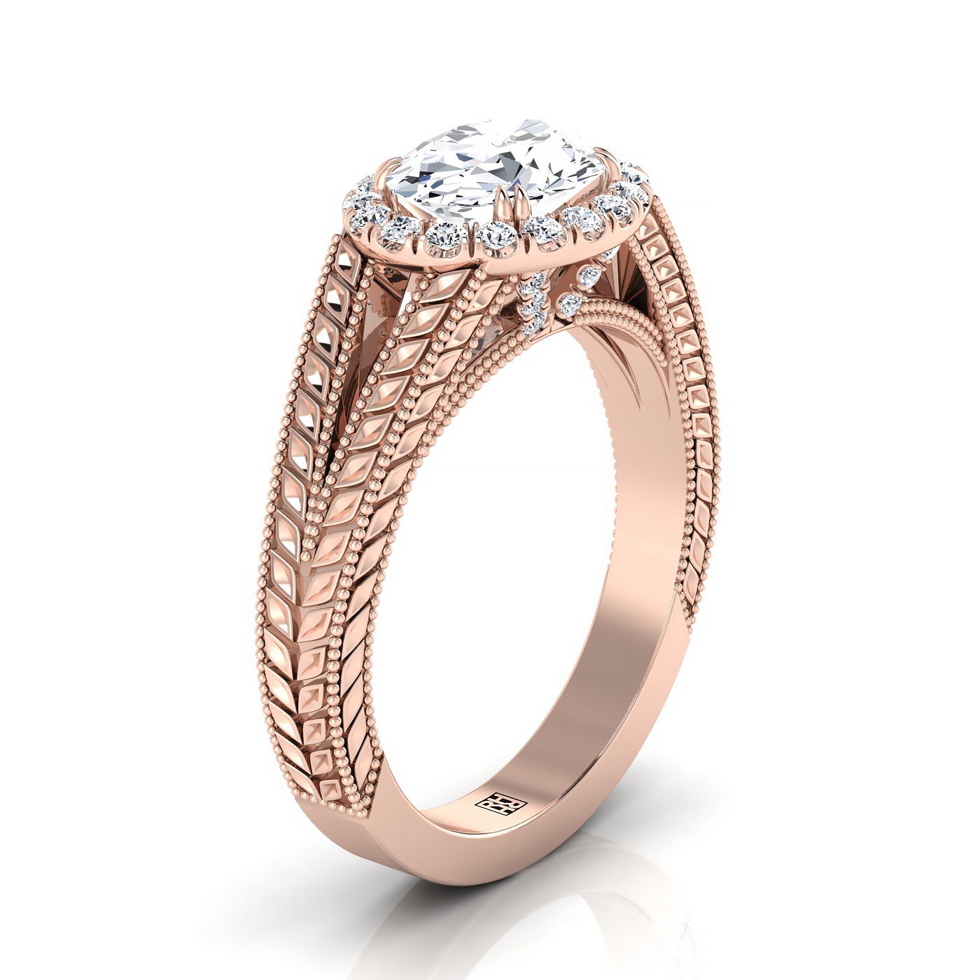 Vintage Wheat Engraved Halo Oval, in 14K Rose Gold – side profile | RockHer