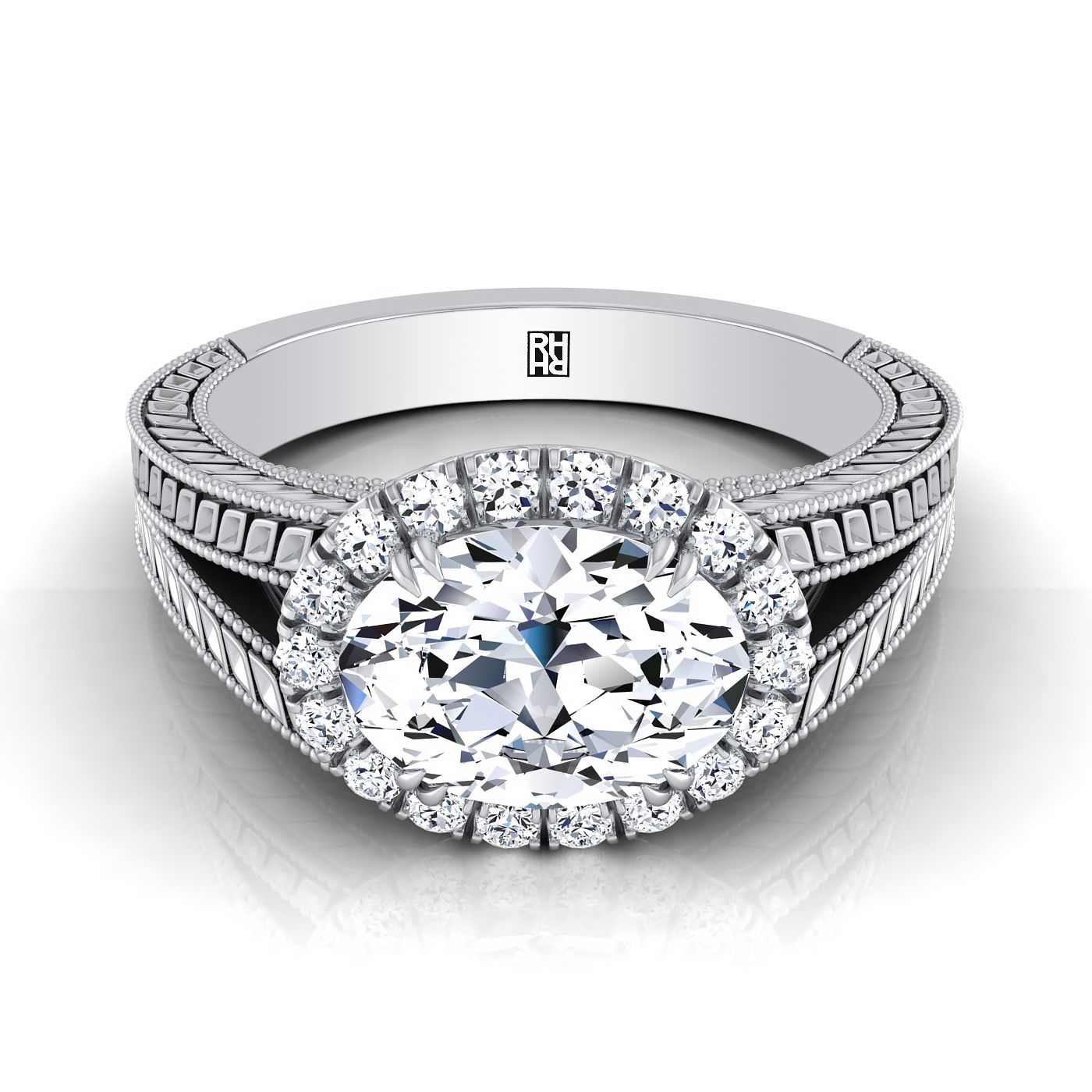 Vintage Wheat Engraved Halo Oval, in 18K White Gold | RockHer