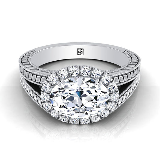 Vintage Wheat Engraved Halo Oval, in 18K White Gold | RockHer