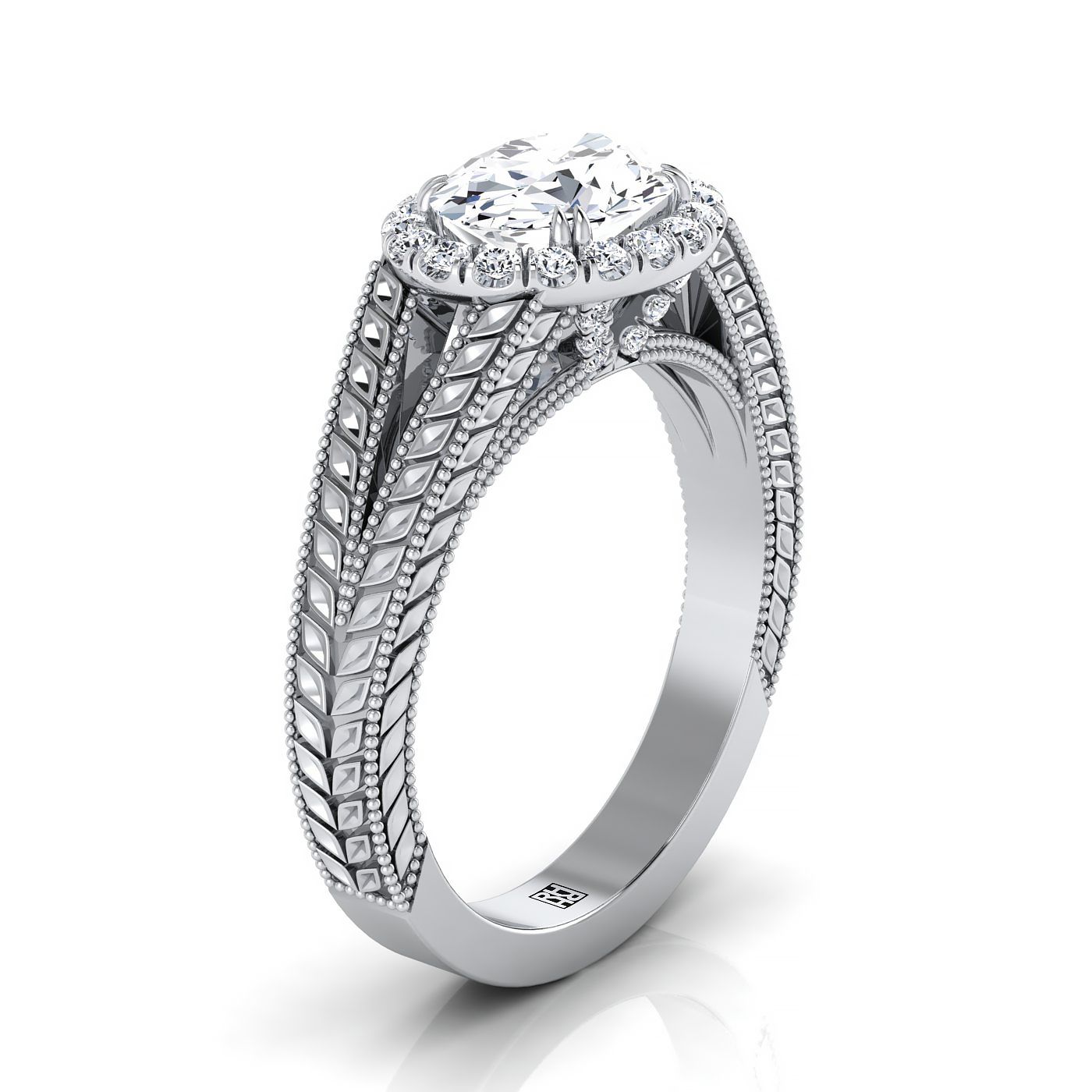 Vintage Wheat Engraved Halo Oval, in Platinum, prong setting – side profile | RockHer