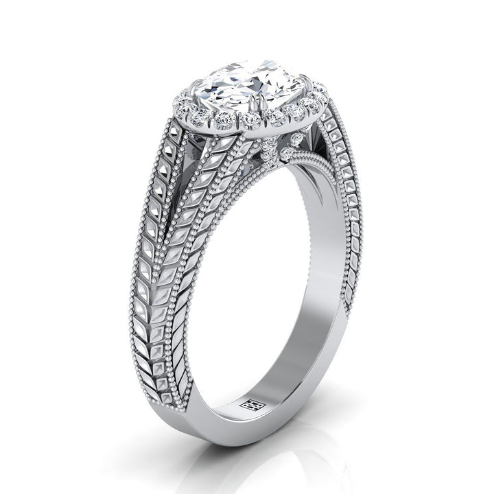 Vintage Wheat Engraved Halo Oval, in Platinum, prong setting – side profile | RockHer