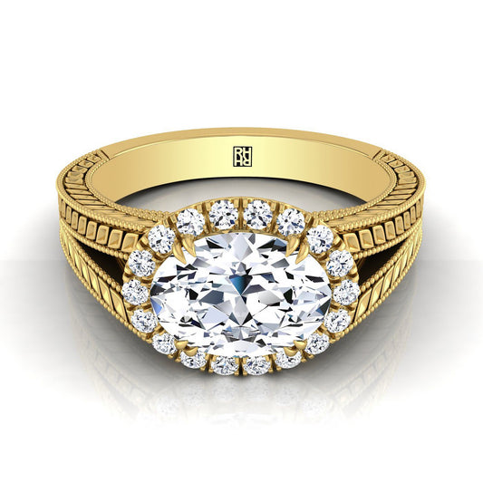 Vintage Wheat Engraved Halo Oval, in 18K Yellow Gold | RockHer