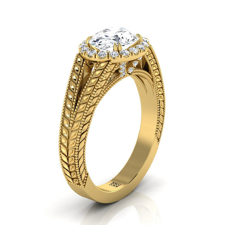 Vintage Wheat Engraved Halo Oval, in 18K Yellow Gold – side profile | RockHer