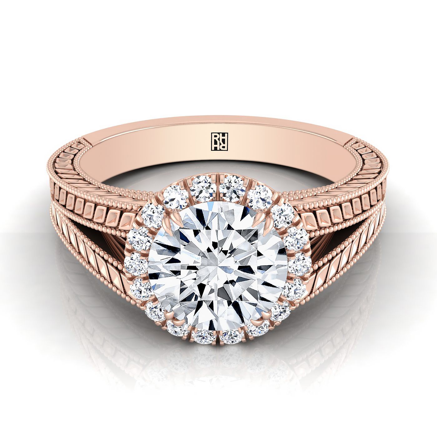 แหวนหมั้นเพชรทรงกลมเจียระไนแบบวินเทจ ประดับเพชรล้อมแบบฮาโล พร้อมแหวนแยกแบบก้านคู่ ทำจากทองกุหลาบ 14K