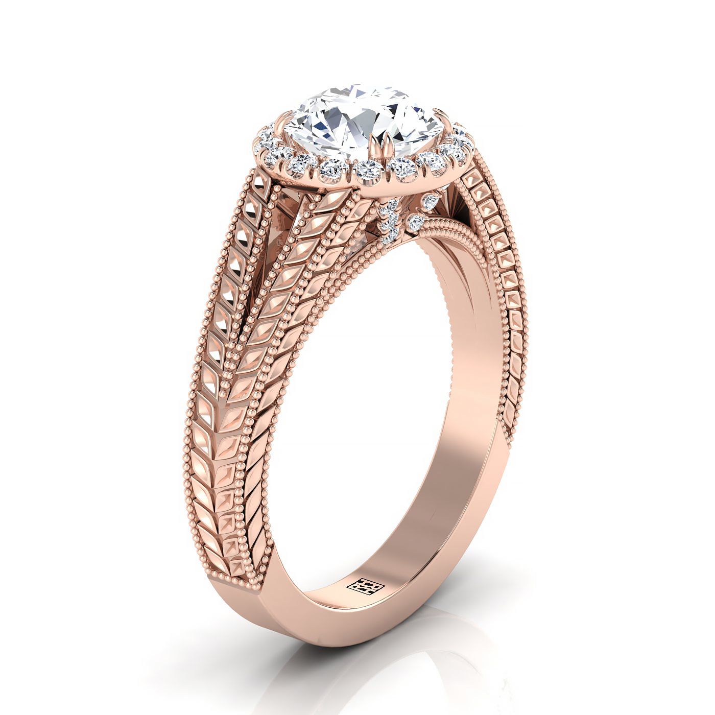 Round Brilliant, Vintage Wheat Engraved Halo, in 14K Rose Gold, prong setting – side profile | RockHer
