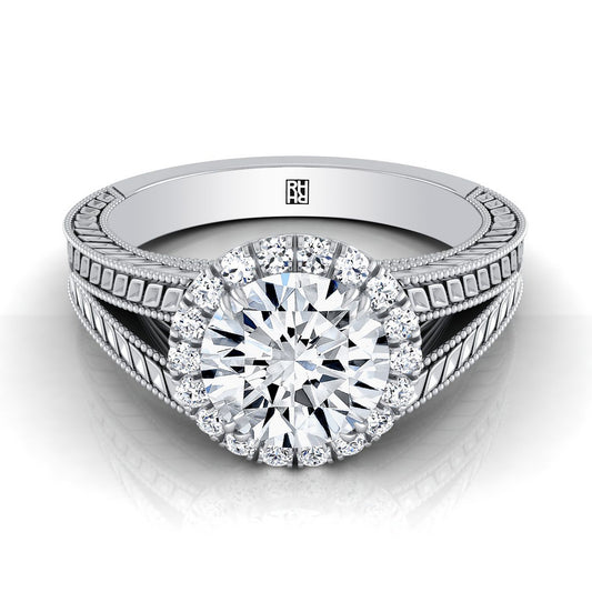 Round Brilliant, Vintage Wheat Engraved Halo, in Platinum, prong setting | RockHer
