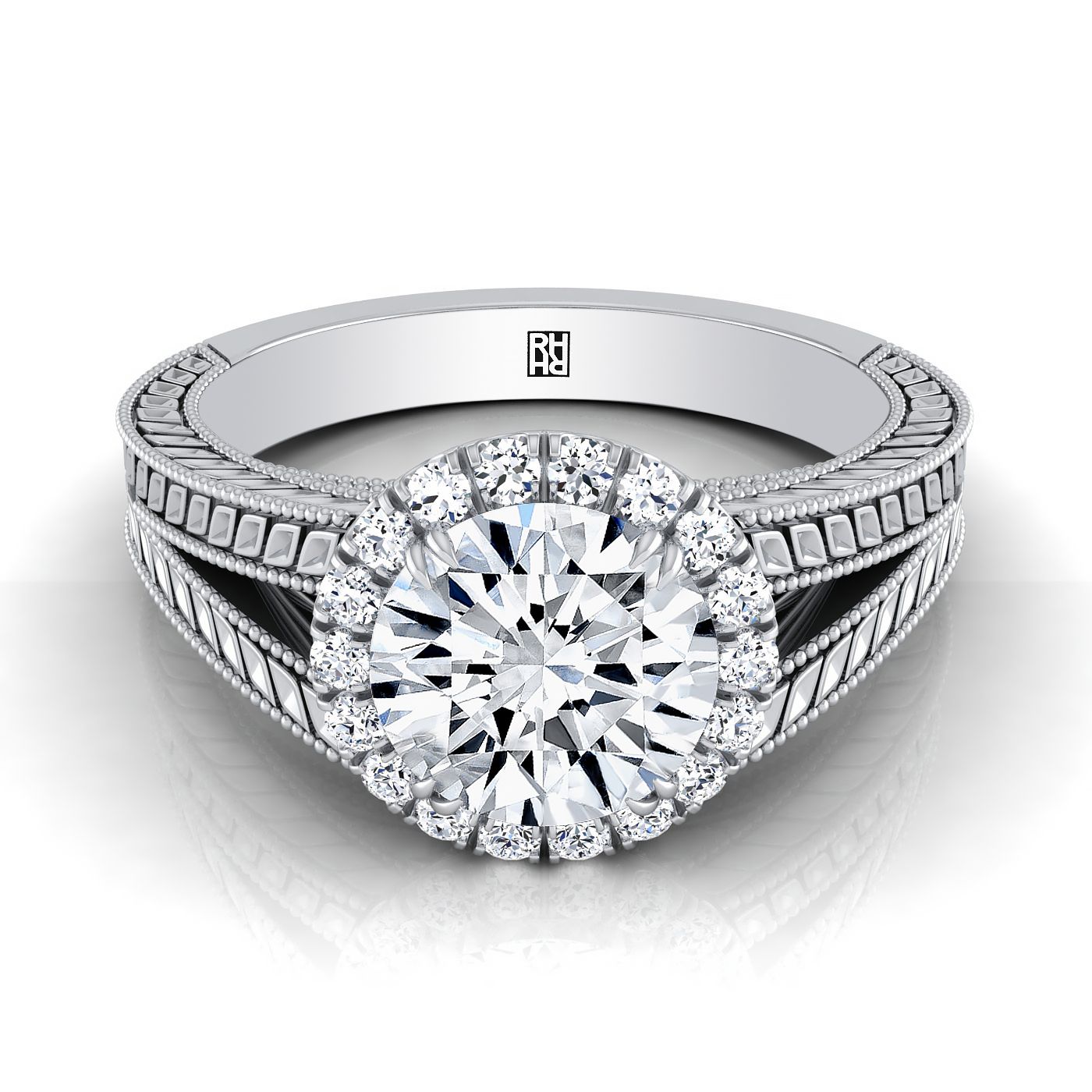 Round Brilliant, Vintage Wheat Engraved Halo, in 18K White Gold | RockHer