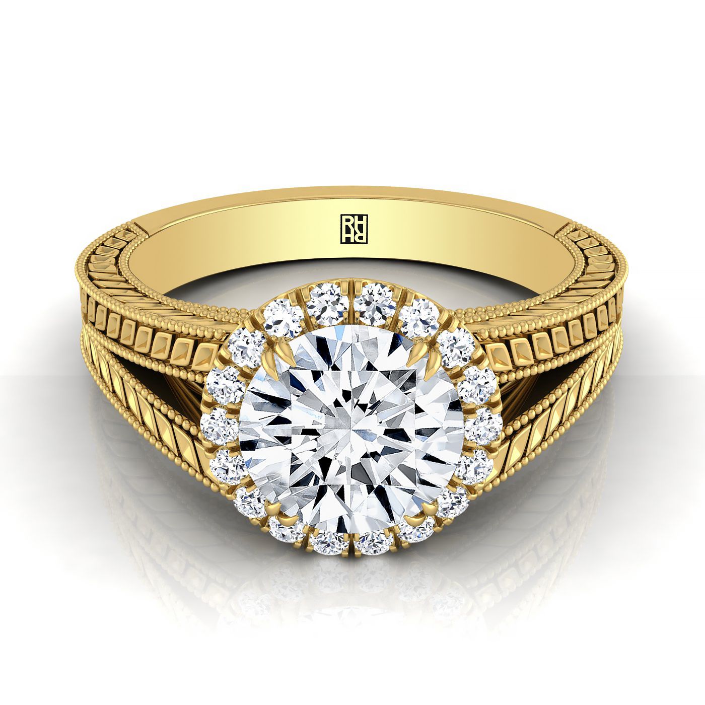 Round Brilliant, Vintage Wheat Engraved Halo, in 18K Yellow Gold | RockHer