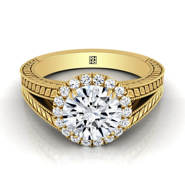 Round Brilliant, Vintage Wheat Engraved Halo, in 18K Yellow Gold | RockHer