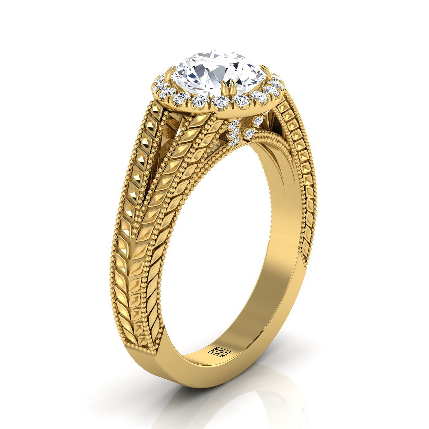 Round Brilliant, Vintage Wheat Engraved Halo, in 18K Yellow Gold – side profile | RockHer