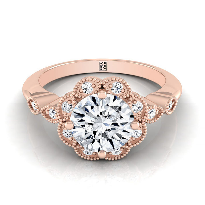 Round Brilliant, Scalloped Halo Floral Leaf, in 14K Rose Gold, pave setting – view 8 | RockHer