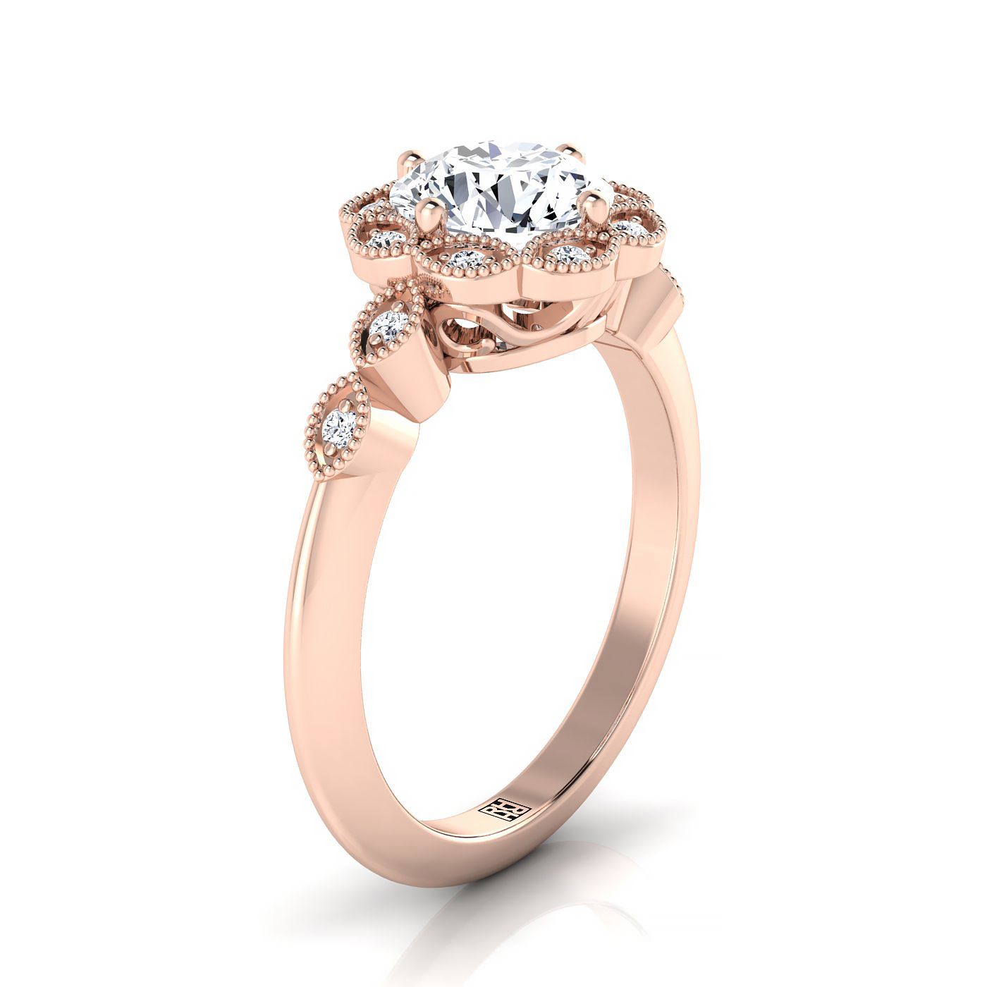 แหวนหมั้นดอกไม้ล้อมเพชรทรงกลมเจียระไนแบบ Brilliant สีโรสโกลด์ 14K แบบขอบหยัก