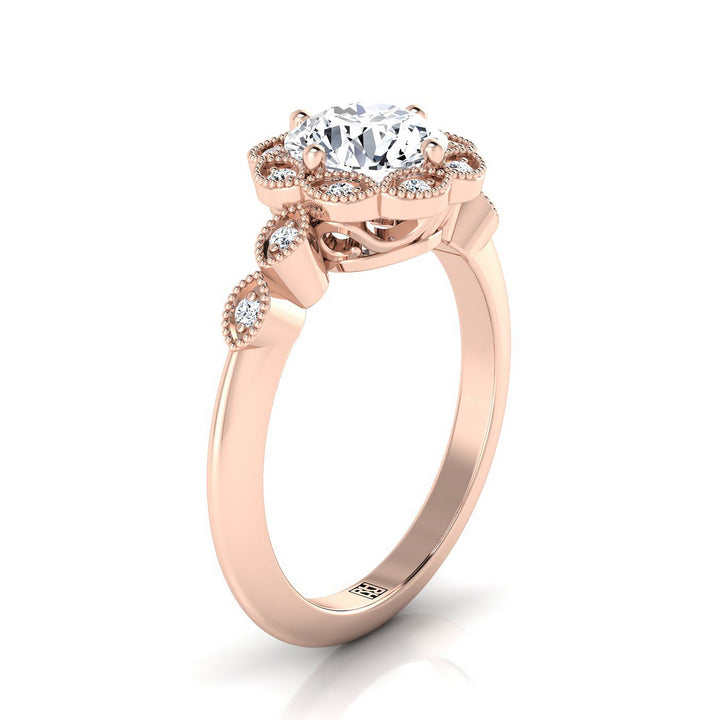 แหวนหมั้นดอกไม้ล้อมเพชรทรงกลมเจียระไนแบบ Brilliant สีโรสโกลด์ 14K แบบขอบหยัก