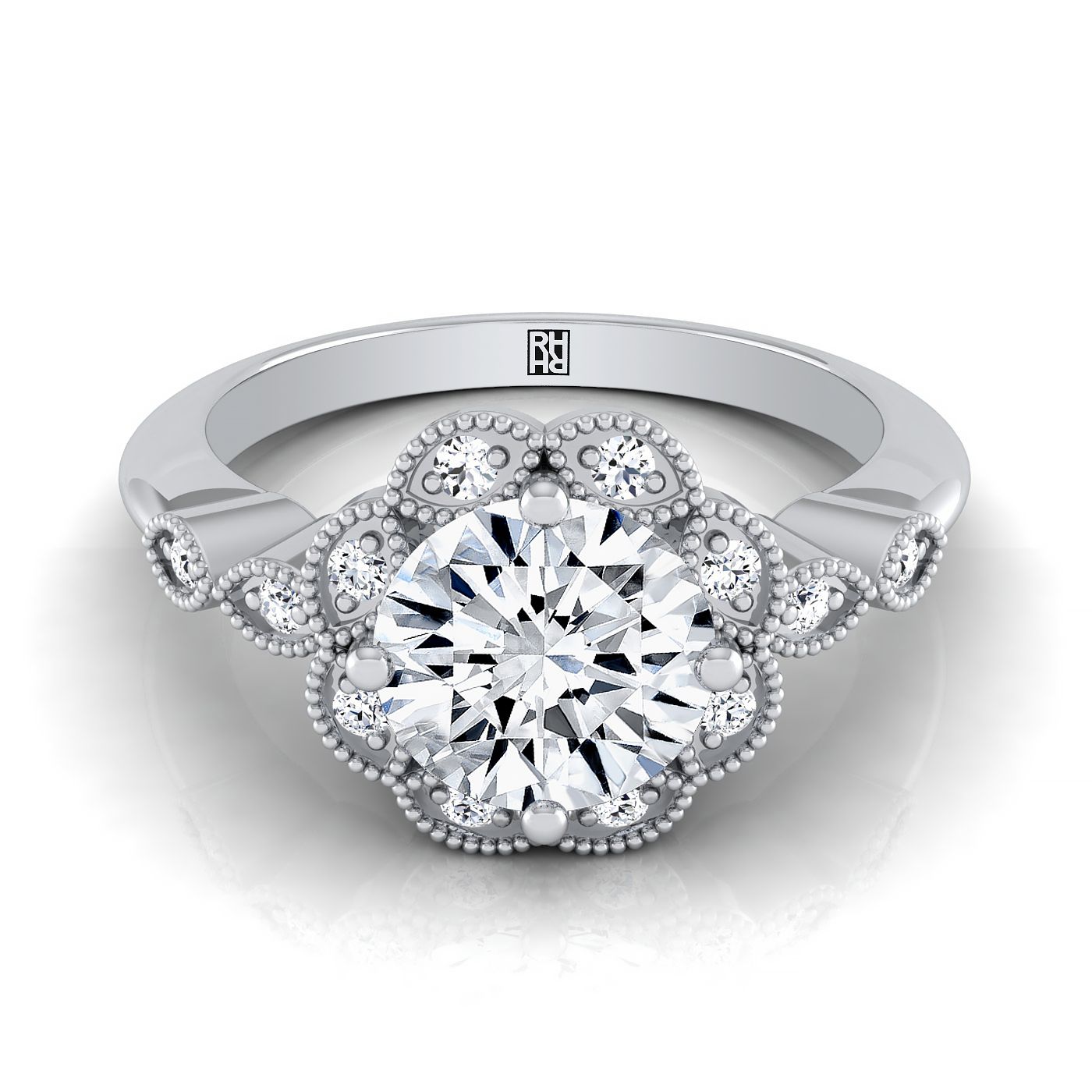Round Brilliant, Beaded Floral Halo Leaf Shoulders, in Platinum, pave setting – view 8 | RockHer