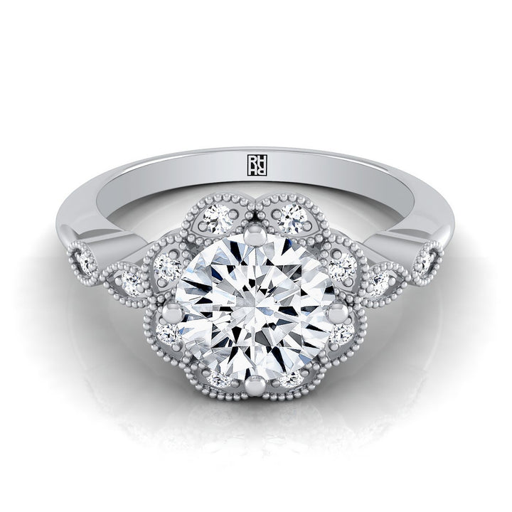 Round Brilliant, Beaded Floral Halo Leaf Shoulders, in Platinum, pave setting – view 8 | RockHer