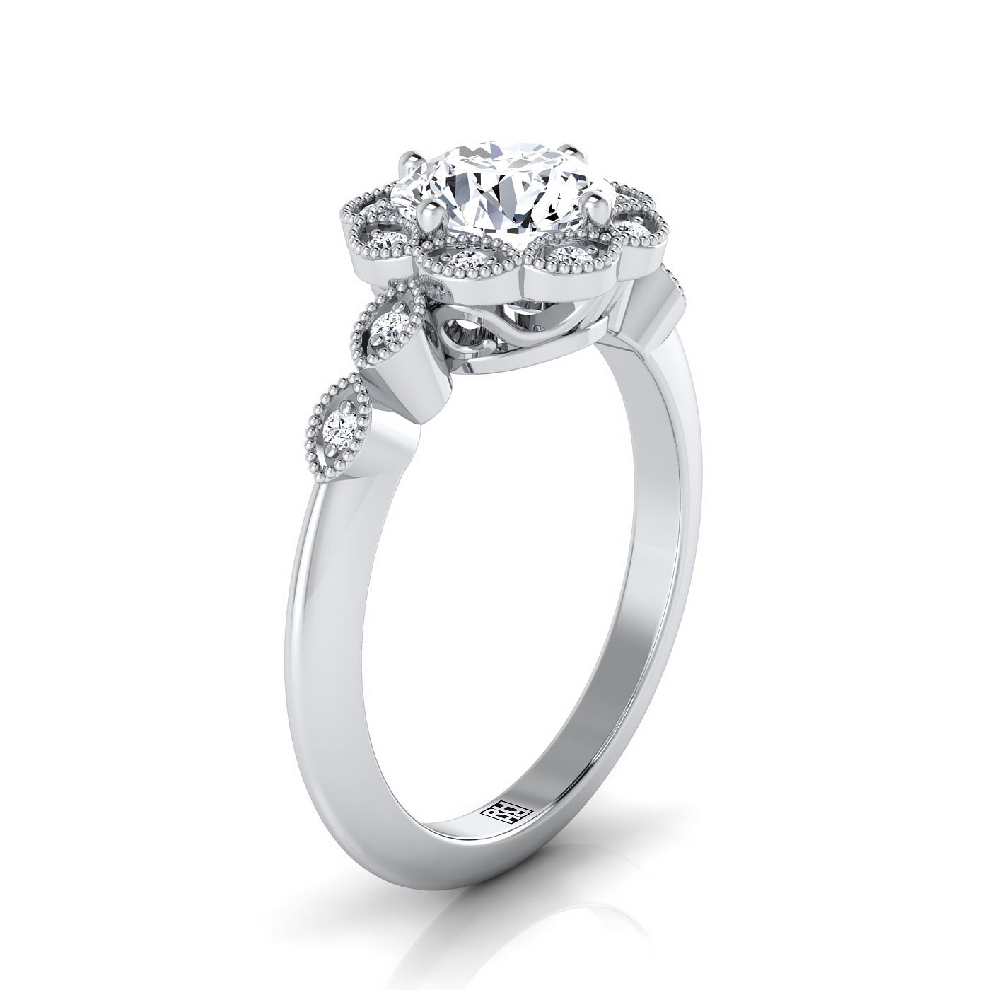 Round Brilliant, Beaded Floral Halo Leaf Shoulders, in 18K White Gold, pave setting – view 9 | RockHer