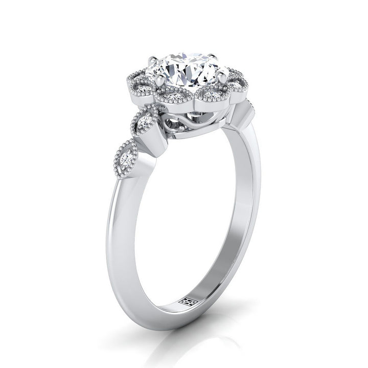 Round Brilliant, Beaded Floral Halo Leaf Shoulders, in 18K White Gold, pave setting – view 9 | RockHer