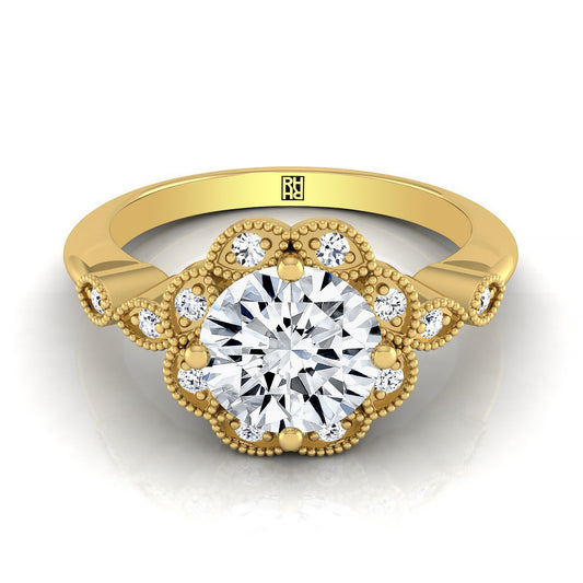 แหวนหมั้นทองคำเหลือง 18K ทรงกลมเจียระไนแบบโบราณ ประดับเม็ดลูกปัดดอกไม้และวงแหวนลายใบไม้ - 3/8ctw