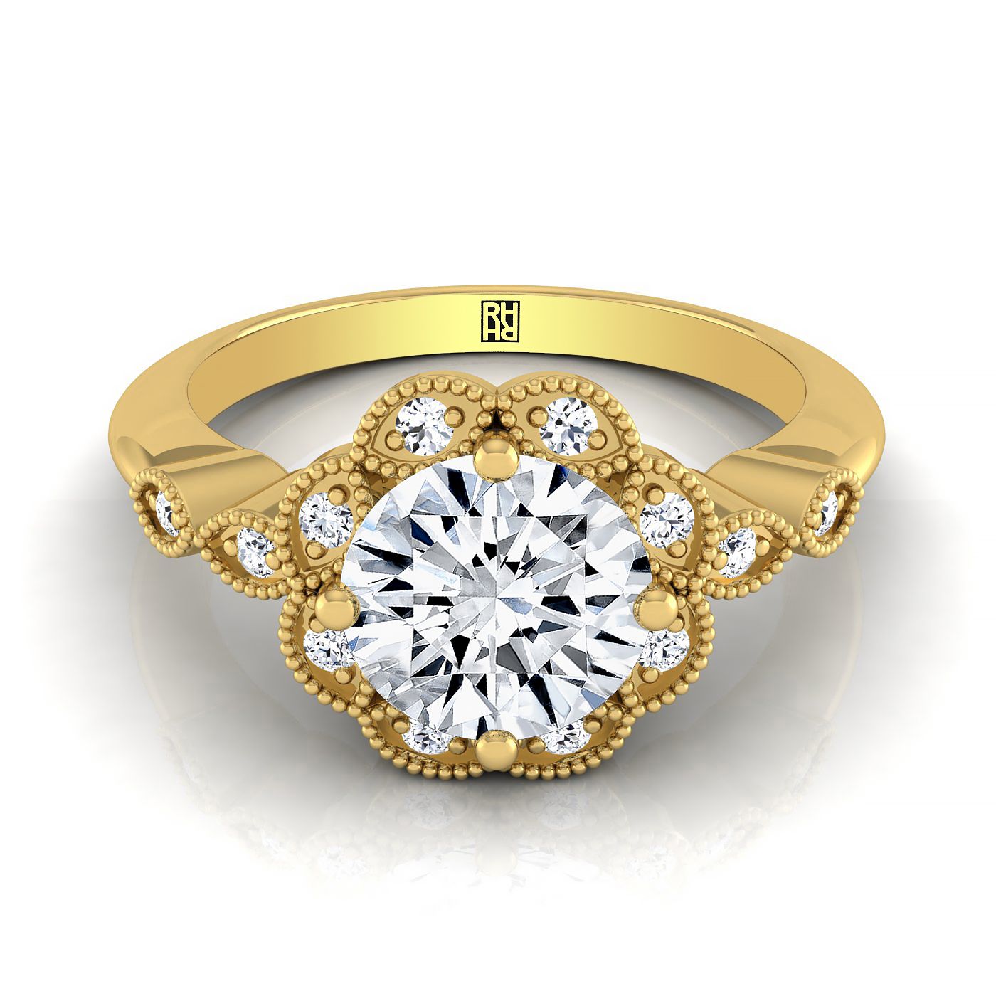 Round Brilliant, Beaded Floral Halo Leaf Shoulders, in 18K Yellow Gold, pave setting – view 8 | RockHer
