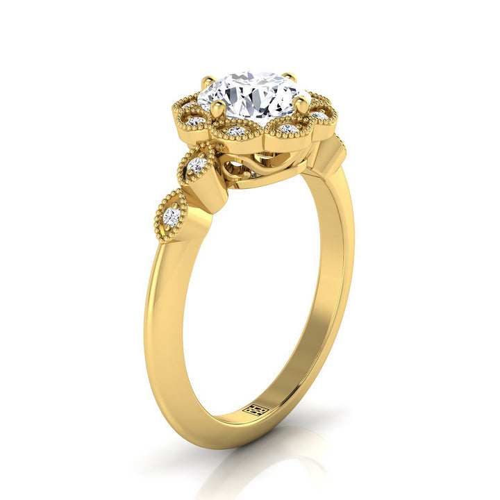 แหวนหมั้นทองคำเหลือง 18K ทรงกลมเจียระไนแบบโบราณ ประดับเม็ดลูกปัดดอกไม้และวงแหวนลายใบไม้ - 3/8ctw