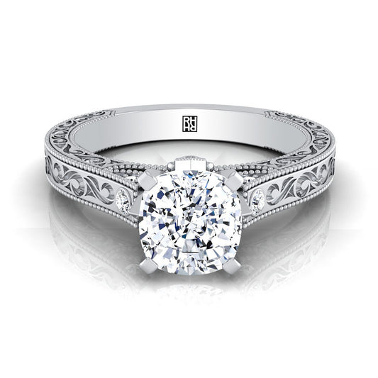Antique Hand-Engraved Solitaire Cushion, in 18K White Gold | RockHer