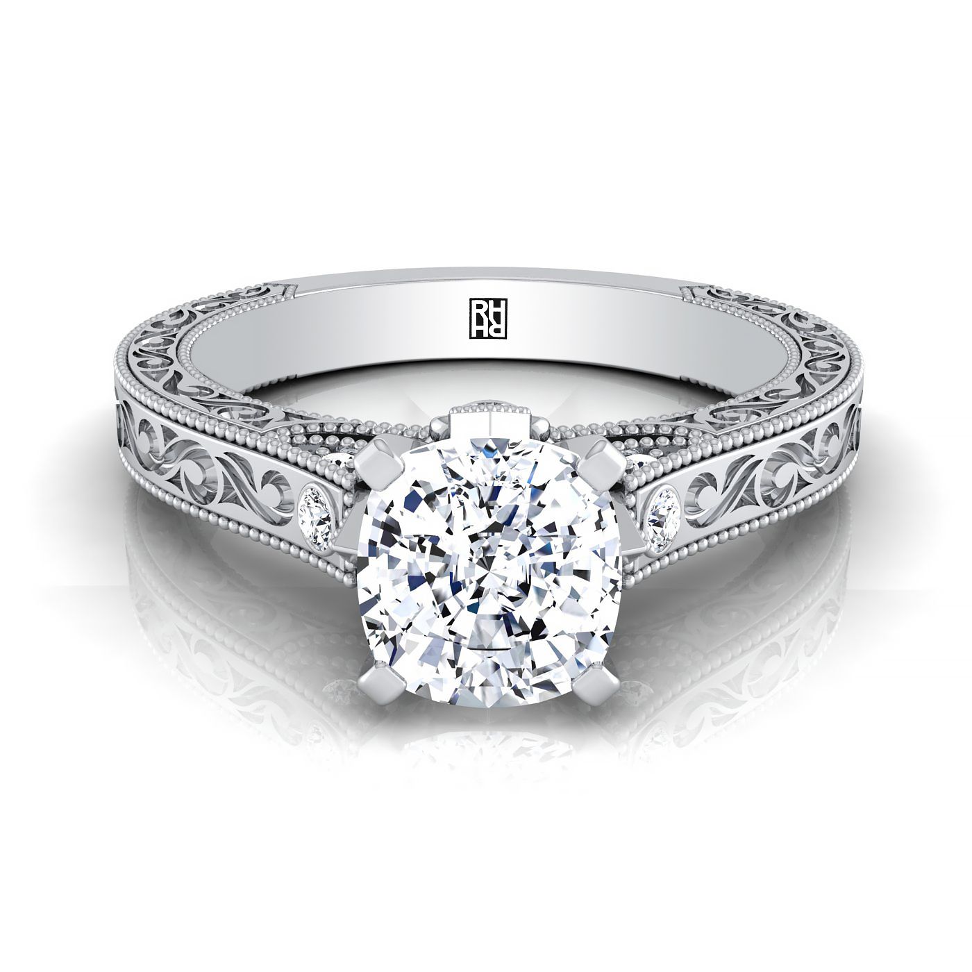 Antique Hand-Engraved Solitaire Cushion, in Platinum | RockHer