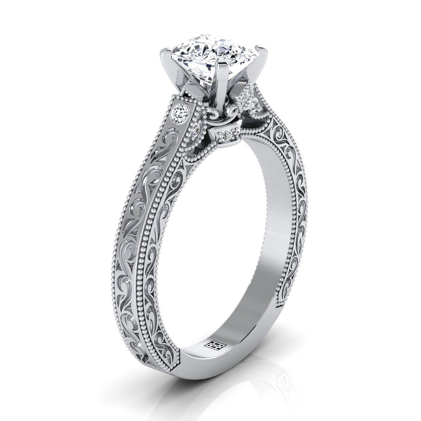 Antique Hand-Engraved Solitaire Cushion, in Platinum – side profile | RockHer