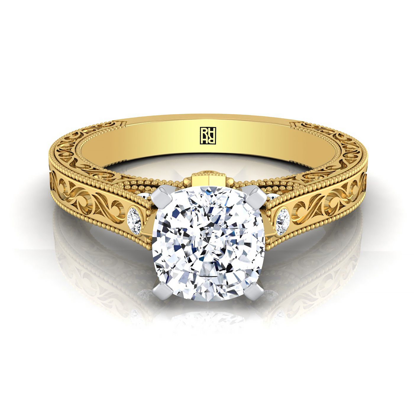 14K Yellow Gold Cushion Delicate Diamond Accented Antique Hand Engraved Engagement Ring -1/10ctw