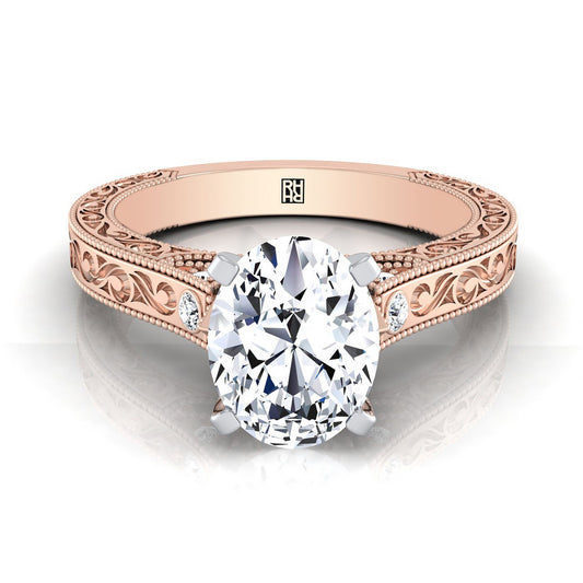 Antique Hand-Engraved Solitaire Oval, in 14K Rose Gold | RockHer