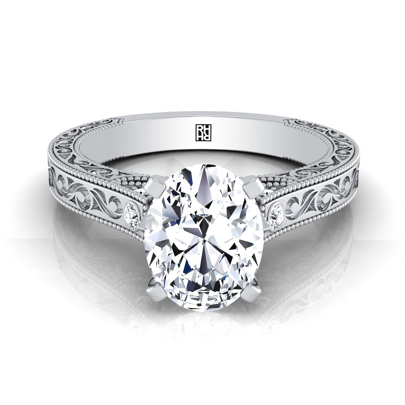 Antique Hand-Engraved Solitaire Oval, in 18K White Gold | RockHer