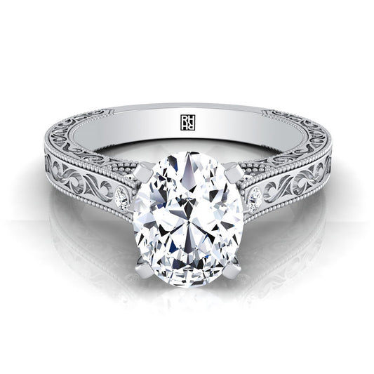 Antique Hand-Engraved Solitaire Oval, in Platinum | RockHer
