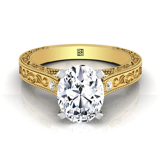 Antique Hand-Engraved Solitaire Oval, in 18K Yellow Gold | RockHer