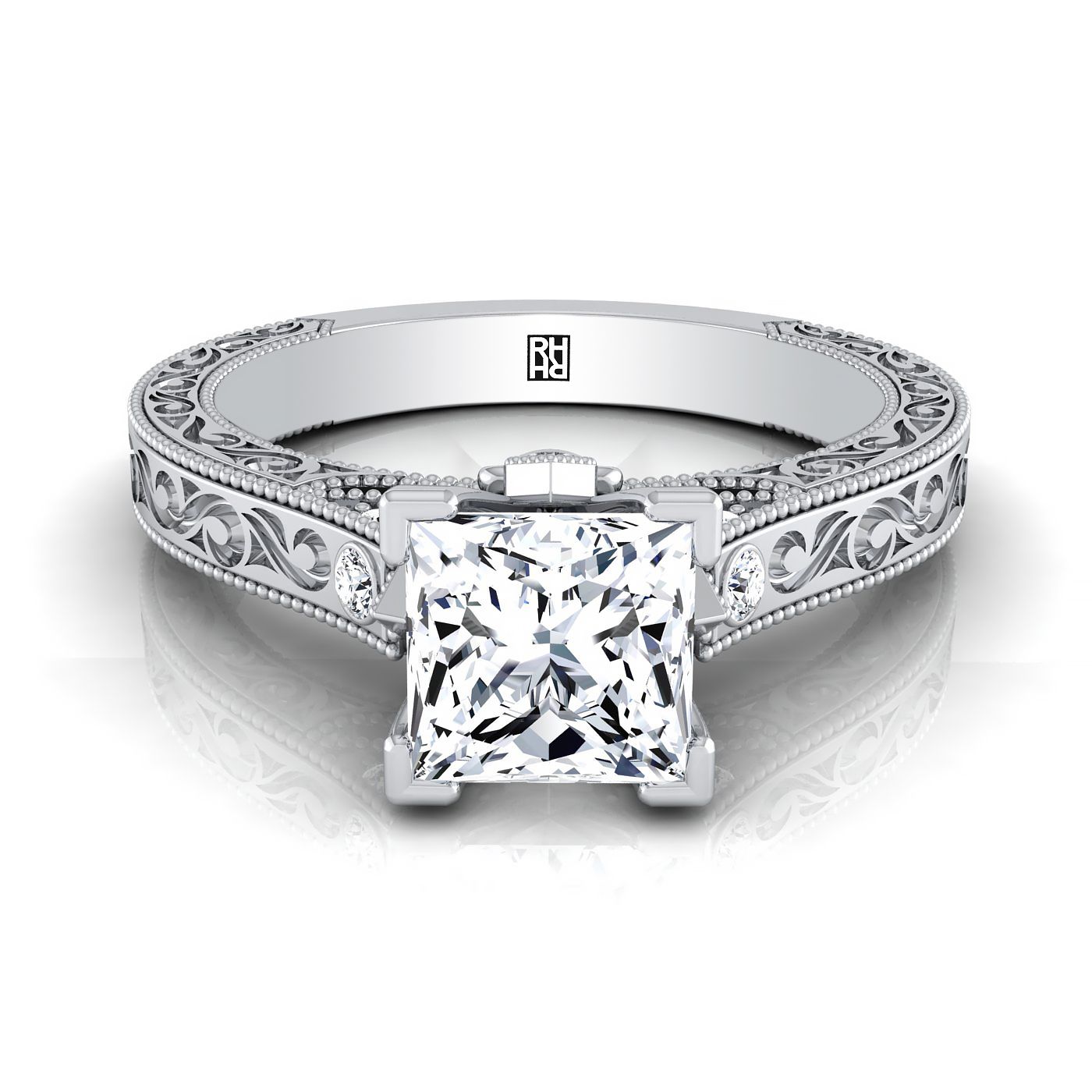 Antique Hand-Engraved Solitaire Princess, in 18K White Gold | RockHer