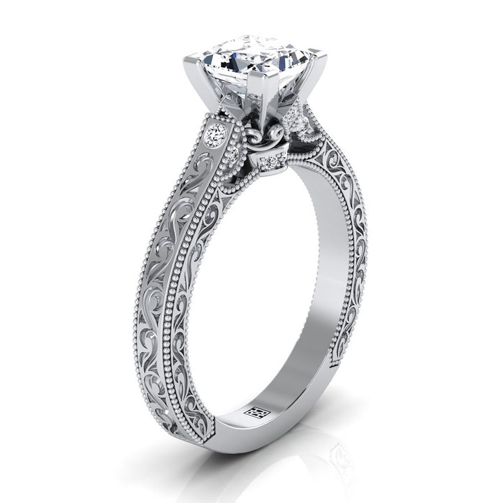 14K White Gold Princess Cut Delicate Diamond Accented Antique Hand Engraved Engagement Ring -1/10ctw