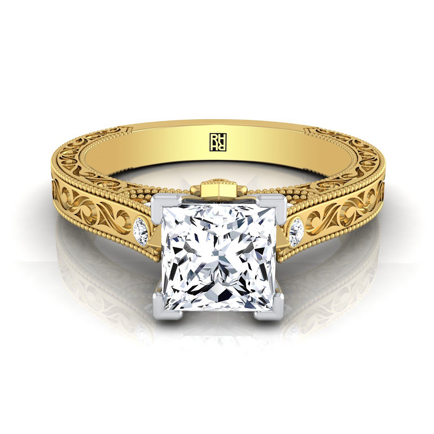 Antique Hand-Engraved Solitaire Princess, in 18K Yellow Gold | RockHer