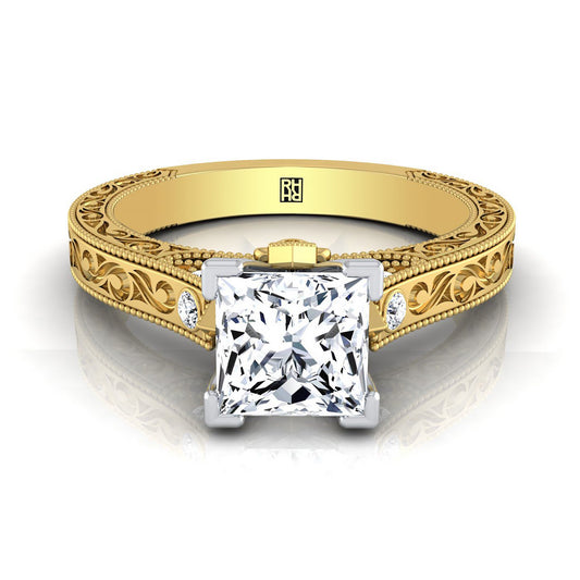 Antique Hand-Engraved Solitaire Princess, in 18K Yellow Gold | RockHer